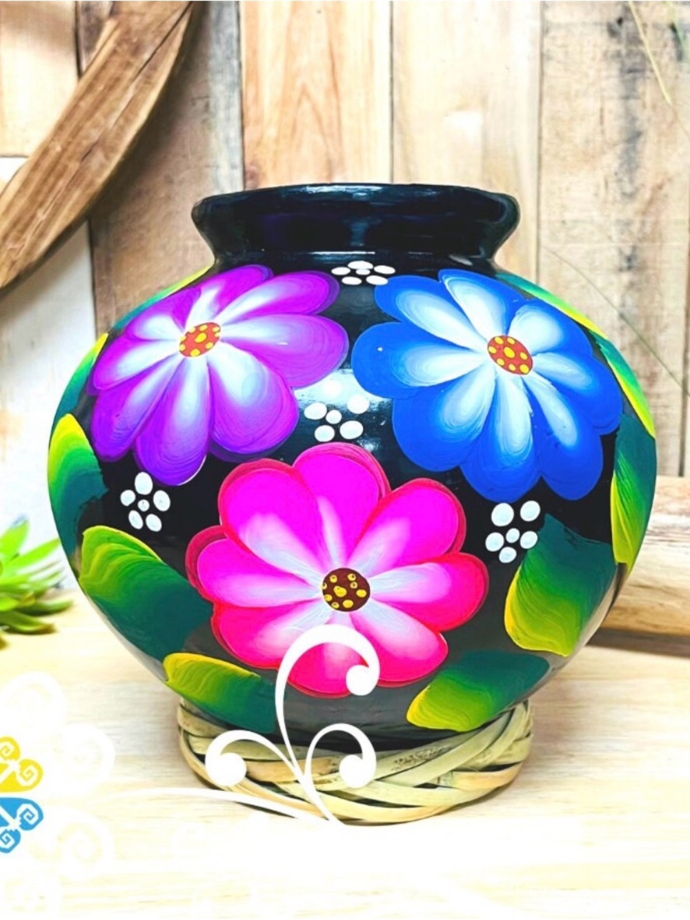 Large Painted Cantarito Black Clay Vase - Bright Pink, Purple & Blue Flowers